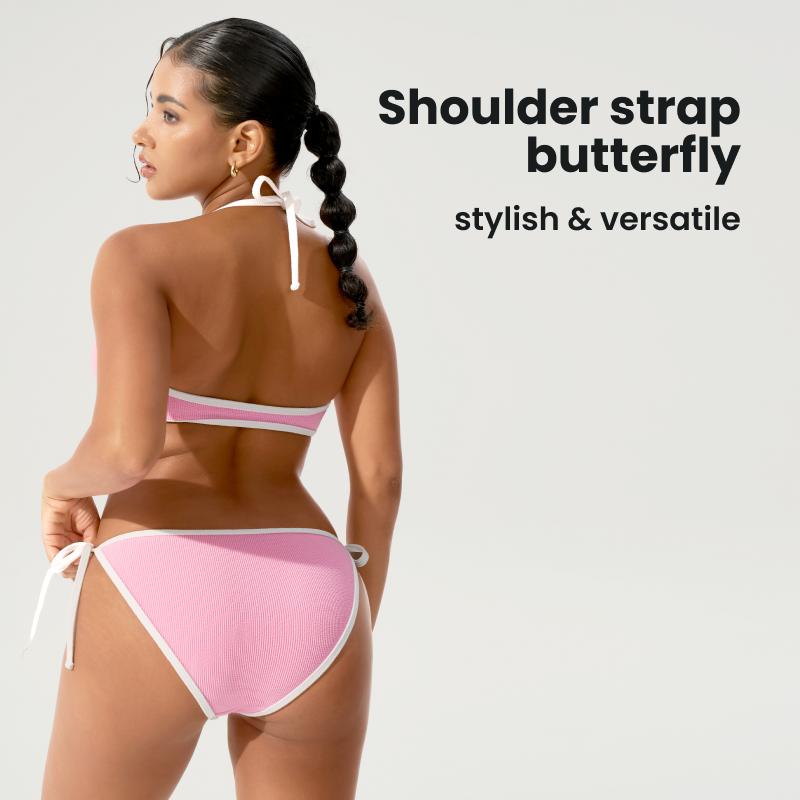 BodyTips High Slit Lace Up Ribbed Bikini Swimsuit Cool Feel Skin Friendly Fit Flexible Design Swimwear Clean Look Popular Beach Outfit Versatile Two Piece Set For Pool Vacation Summer Activities Sunbathing Water Sports Casual Swim Style All Day Wear