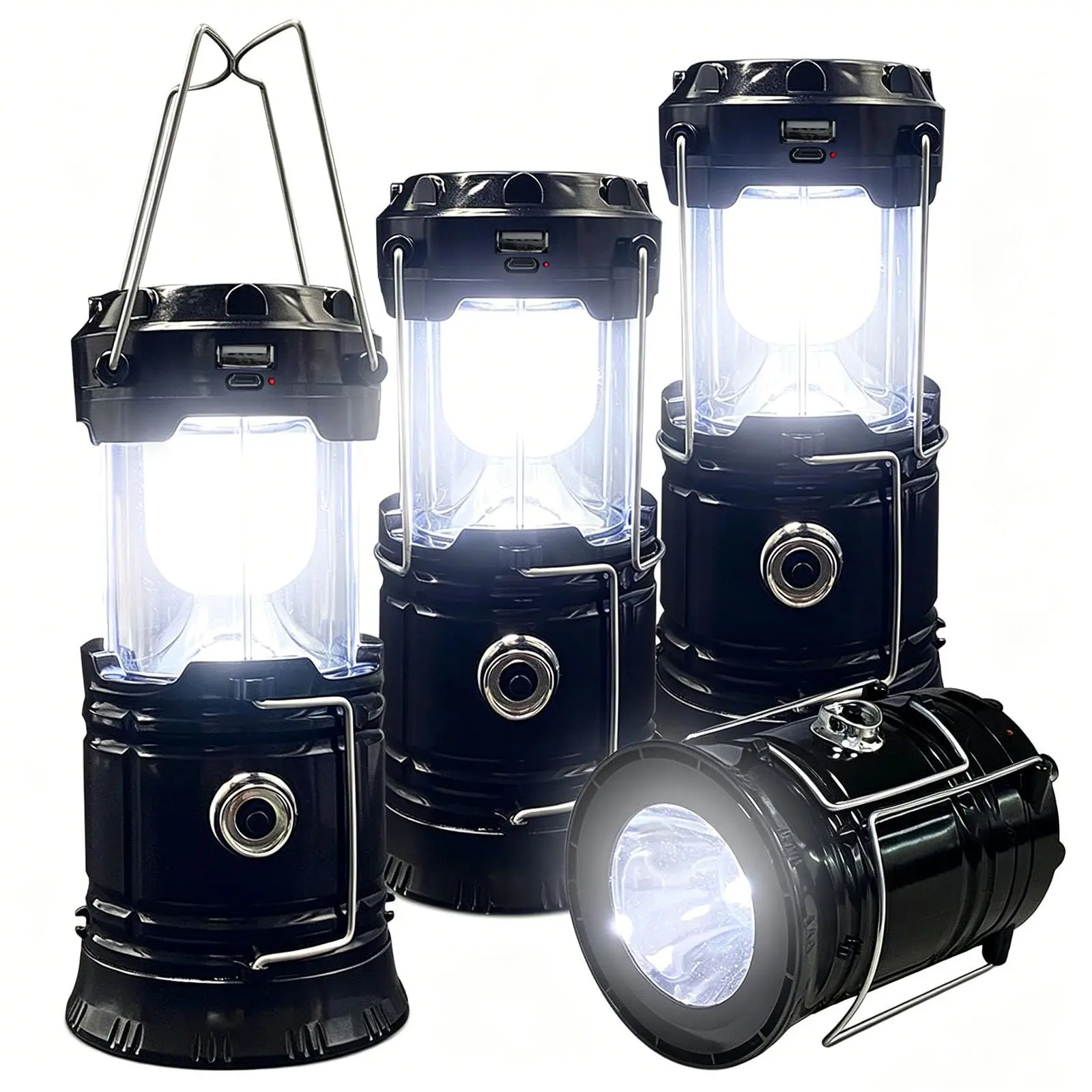 4-Pack Solar Camping Lantern, Collapsible Flashlight Emergency Lights | LED Solar USB Rechargeable Lamp Folding Tent Hanging Lights Survival Kits for Hurricanes Power Outages Indoor Outdoor (Black)