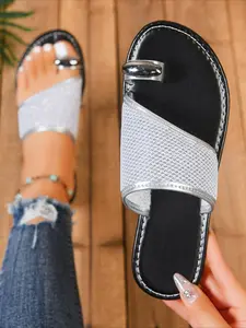 Hollow Out Breathable Toe Ring Slides for Women, Summer Toe Loop Flat Sandals, Soft Sole Non-slip Outdoor Beach Shoes