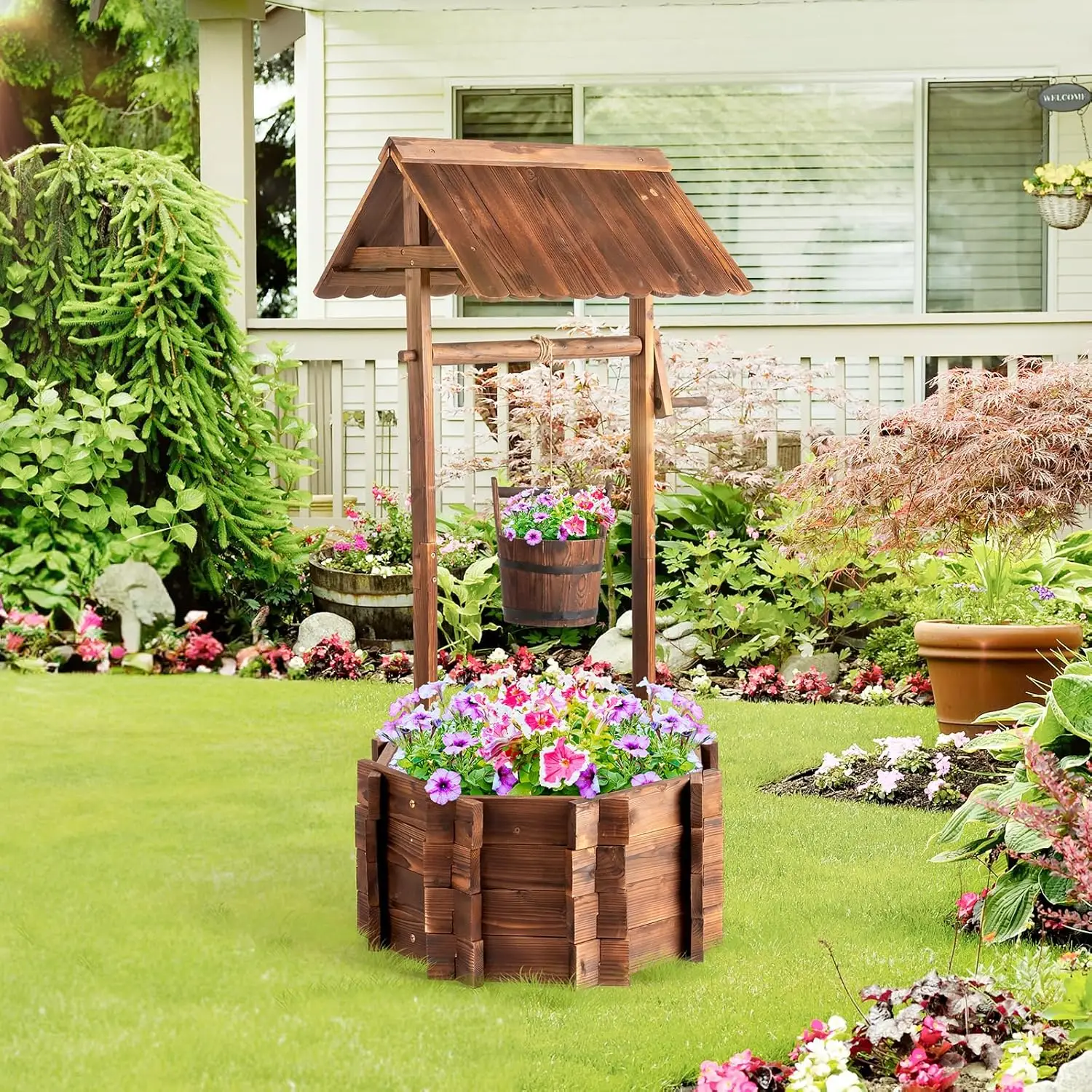VINGLI Wooden Wishing Well Outdoor Planters, Well Covers for Yard with 2/4 Reinforced Rods, Height Adjustable Hanging Bucket, Rustic Flower Pot Home D
