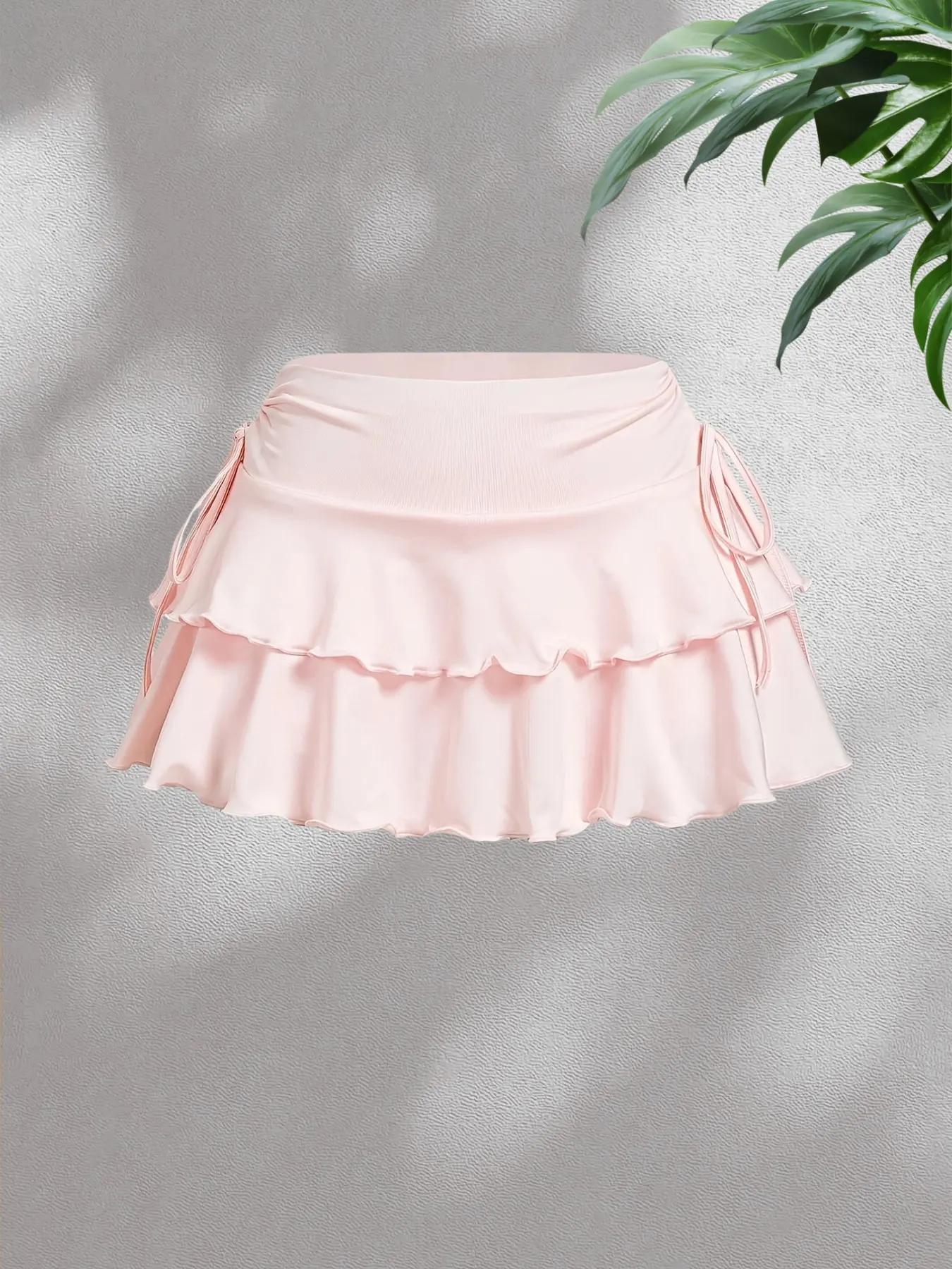 Women's Two-Layer Ruffle Mini Skirt, Faux Drawstring Adjustable Fit Pleated High Waist Half-Sleeve Dress, Stylish Chic Cute Casual Wear Womenswear for Spring & Fall, Bottom, Beach Party Skirt Summer Casual Skirt Fashion Casual Skirt