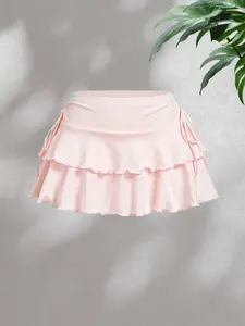 Women's Two-Layer Ruffle Mini Skirt, Faux Drawstring Adjustable Pleated High Waist Half-Sleeve Dress, Stylish Chic Cute Casual Wear for Spring & Fall