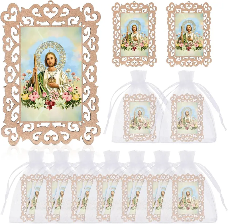 12 count Catholic Saint Jude Wooden Picture Frames with Organza  Bags Baptism Favors for Guests First Communion Christening Memorial Engrave Guest  Catholic Gifts Recuerdos De Bautizo