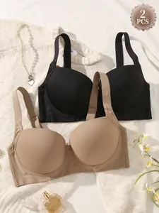 2PCS Women's Underwear Plus Size Seamless Push-Up Bra, Wide Side Wings, Full Coverage Minimizer T-shirt Bra, Adjustable Wide Straps, Underwire Support, Soft Comfortable Breathable Everyday Casual