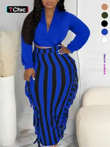 Two-piece Set Women's Solid Long Sleeve Crop Top & Striped Print Tassel Decor Skirt Set, Casual Deep V Neck Cropped Top & High Waist Skirt For Spring & Fall, Women's Two-Piece Outfits For Daily Wear