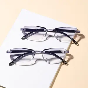2 Piece Unisex Frameless Business Reading Glasses, Lightweight and Durable Fashionable Rectangle Spectacles for Everyday Use