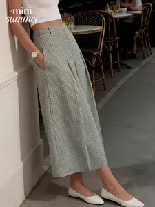 Women's Plaid High-Waisted Pleated A-Line Midi Skirt, Spring Summer Elegant Chic Casual Lightweight Office Commute Skirt