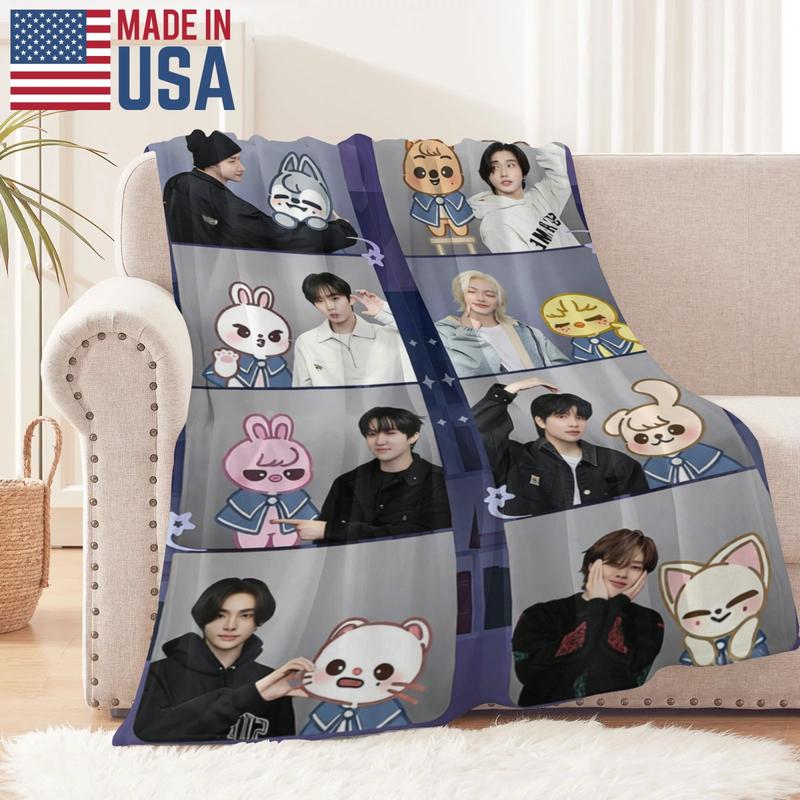SKZ Idol Printed Blanket – Soft Flannel All-Season Throw with Cartoon Design, Cozy Bed, Sofa & Travel Blanket for Fans