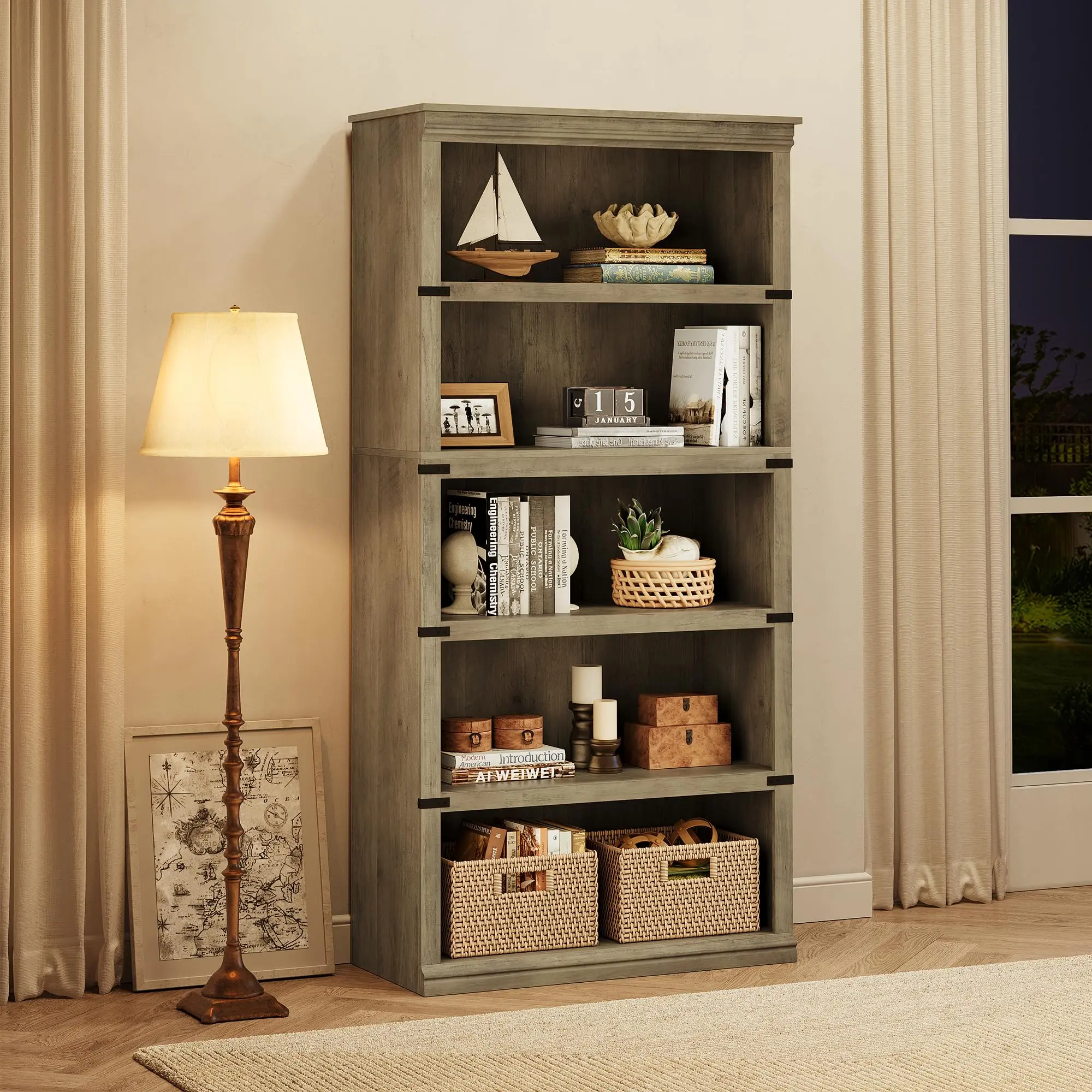 Grey 5-Tier Traditional Rustic Wooden Bookshelf Rack - 67.4" Tall Space-Saving Open Shelf Storage System, Farmhouse Home Office Decor Furniture for Book Nook, Home Library, Small Room Ideas, Room Transformation, Space Saving Furniture