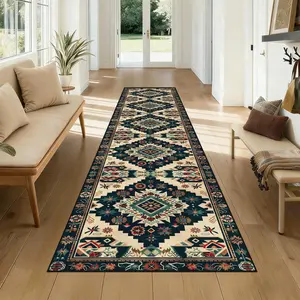 Bohemian Vintage Geometric Rug, Soft Comfortable Non-Slip Mat, Easy Clean Kitchen Carpet, Suitable for Living Room Bedroom Balcony