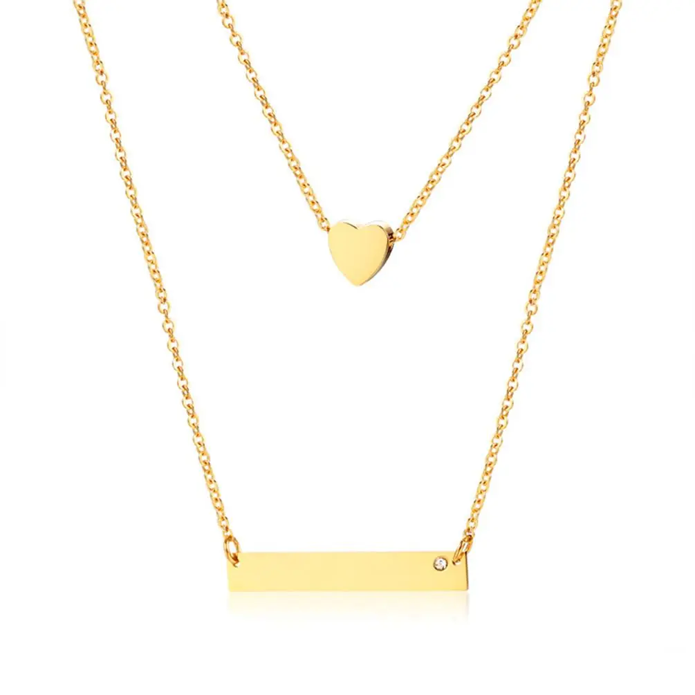 OIDEA Double Layer Heart Bar Pendant Necklace for Women, Stainless Steel Custom Engraved Charm, Personalized Layering Jewelry, Engraved Heart-Shaped Necklaces, Heart Initial Necklaces