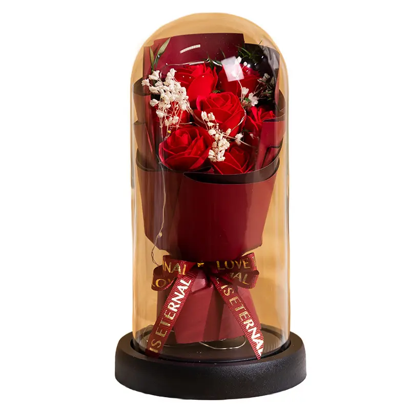 Forever Preserved LED Glow Rose in Acrylic Dome - Decorative Fairy Bouquet with Ambient Lighting, Warm LEDs, LED Strips, Tall Vase-Compatible Home Decor for Bedroom Office, Decoration Gift for Adults on Independence Day