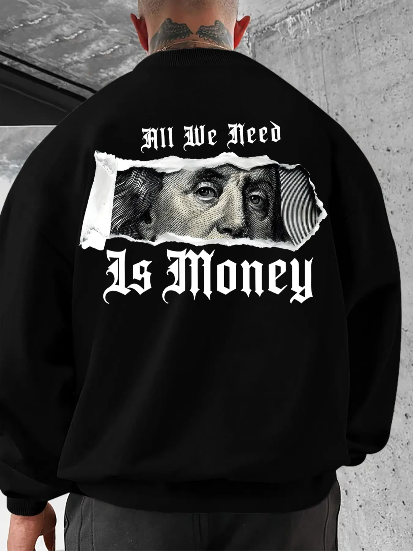 Men's Oversized All We Need Is Money Dollar Graphic Crewneck Sweatshirt, Streetwear Pullover, Edgy Print, Casual Fashion