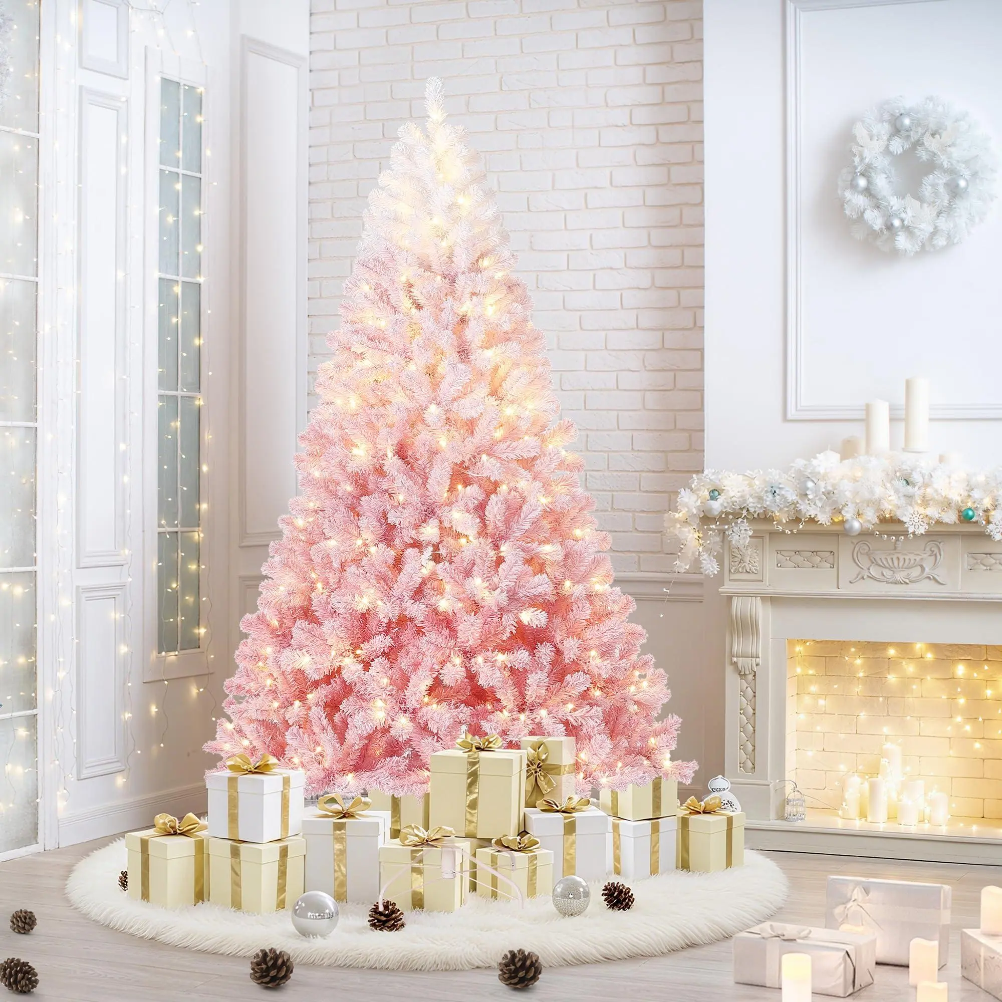 7.5ft Pre-Lit Artificial Christmas Tree with 450 RGB and Warm White Lighting Options Foldable Metal Stand Gradient Design Festive Holiday Decor for Home Office Parties, Pink