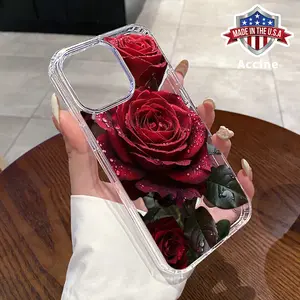 Magnetic Phone Case Compatible for iPhone 16 15 14 Pro Max 13 12 11 XR XS Plus E Romantic Red Roses Pattern Acrylic Hard Back Soft Silicone Edge Drop Protection Cover Gift