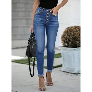 Women's Plain Button Fly Skinny Cropped Jeans, Casual Pocket Design Denim Trousers for Daily Wear, Ladies Bottoms for All Seasons