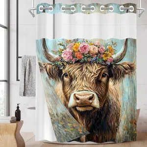 1PC Double Layer No Hooks Shower Curtain, Highland Cow with Flower Crown Oil Painting Print, Rustic Farmhouse Bathroom Decor, Detachable Buckle Liner for Home Hotel, 71×74 Inch