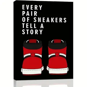 1-Piece Framed 2D Flat Artistic Canvas Print, Decorative Hanging Artwork with Black Background, Red & White Highlights of Sneakers, Minimalist Shoe Decor for Living Room, Recycled Wooden Frame Included
