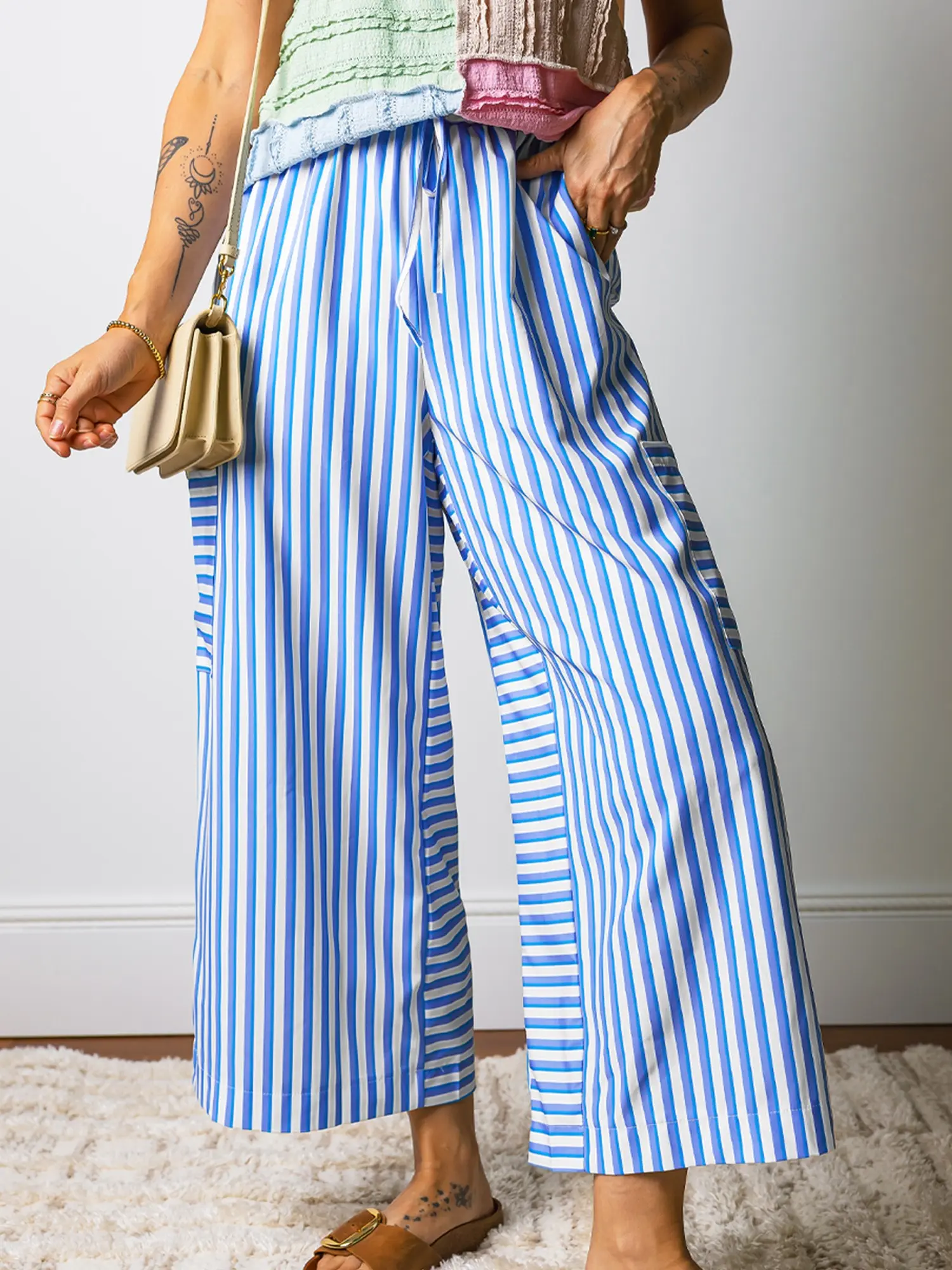Women's Sky Blue Stripe Drawstring Elastic Waist Patch Pocket Wide Leg Ankle-length Pants Women's High Waisted Palazzo Trousers Flowy Summer Beach Crop Culottes Pajama Lounge Bottoms Streetwear Sweatpants Tracksuits