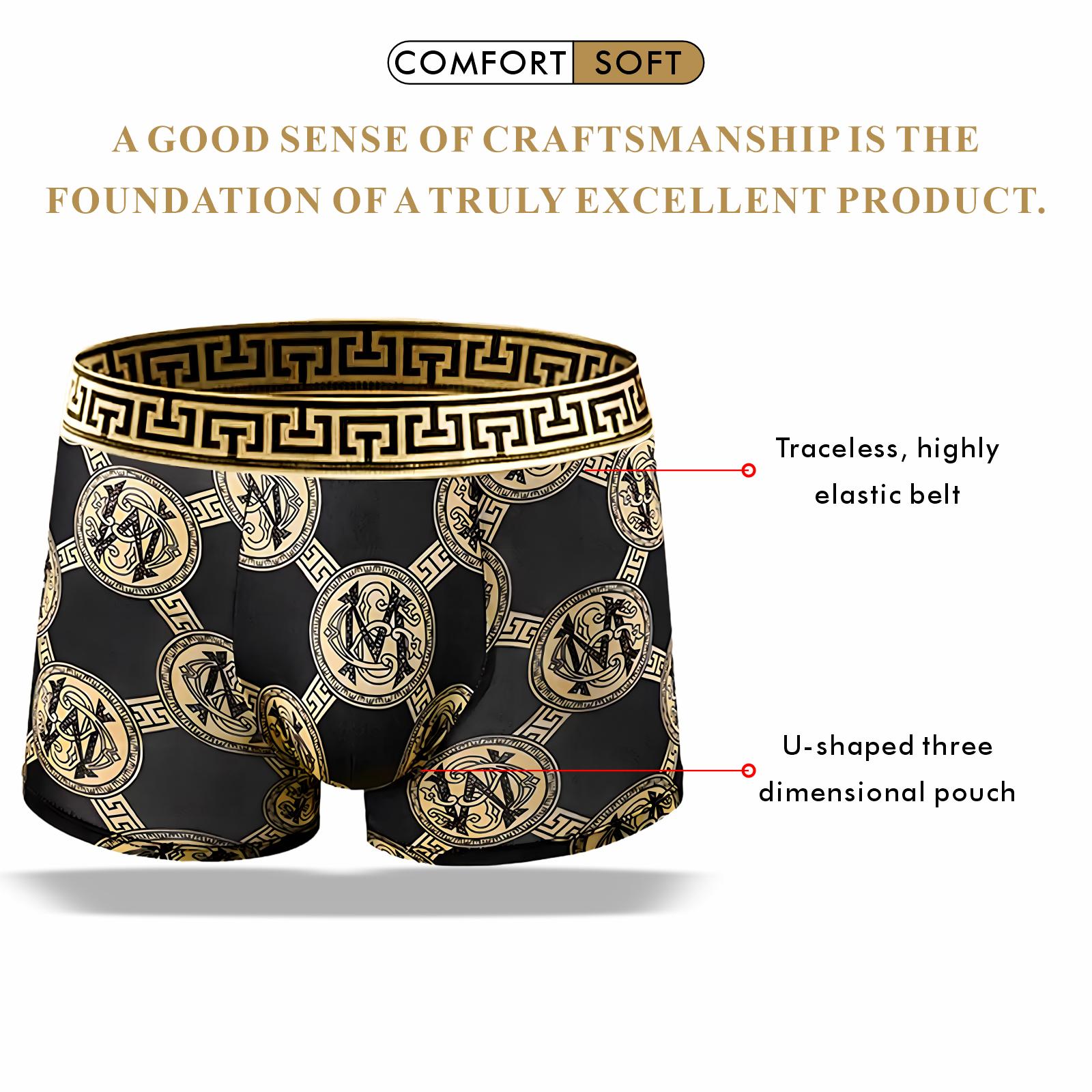 5 Pack Men's Black & Luxe Gold Printed Boxer Briefs - Breathable Elastic Soft All-Season Underwear Fabric Stylish