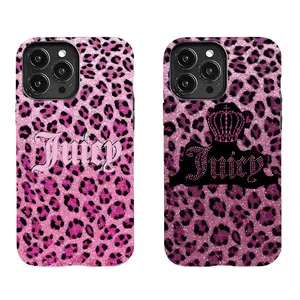 Juicy-couture pink leopard print phone case, compatible with iPhone 17/16/15/14/13/12/11 and Samsung Galaxy S21-S25, made of skin-friendly material.