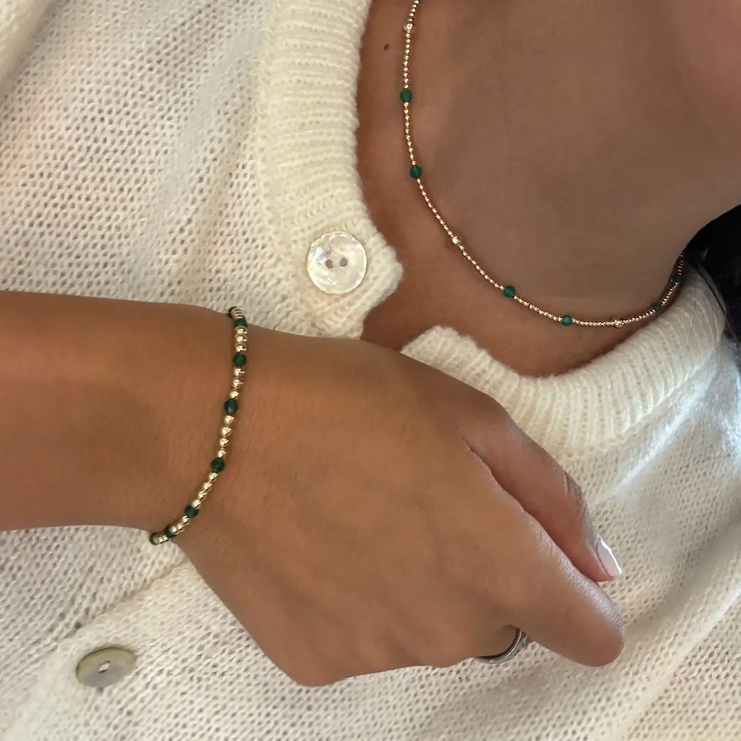 Kelly Protect Your Power and Pulse Green Set - Real Gold Filled Choker & Bracelet with Emerald Beads for Energy Balance & Protection