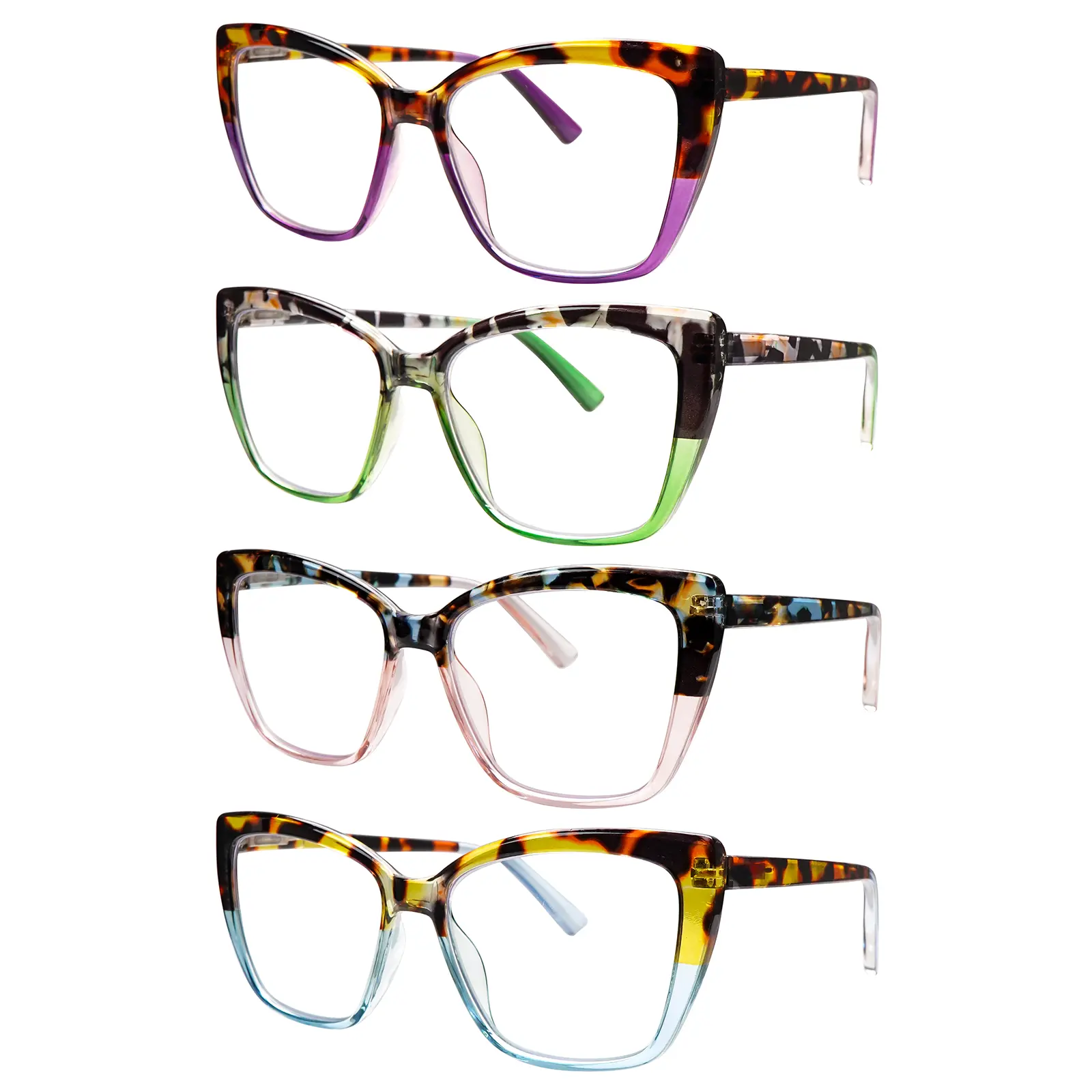 4-Pack Stylish Anti-Blue Light Reading Glasses, Designed Specifically for Women.Featuring spring hinges to accommodate various face shapes,with high-quality anti-blue light lenses effectively relieve eye strain.Ideal for daily commutes and computer work.