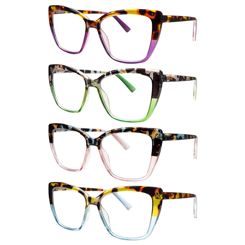 Women's 4-Pack UV400 Lens Blue Light Blocking Reading Glasses - Plastic Frame, Spring Hinges for Various Face Shapes, No Pressure Fit, Ideal for Computer Work, 4 Pairs to Rotate, Giftable with Included Box