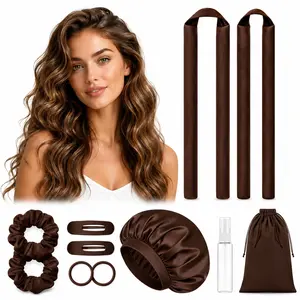 11Pcs Satin Heatless Curling Set, Luxury No-Heat Overnight Hair Curler Kit with Bonnet, Curling Rod, Scrunchies, Clips, Hair Ties, Spray Bottle & Storage Bag, Wake Up with Soft Curls, Natural Waves, Volume & Frizz-Free Hair Styling