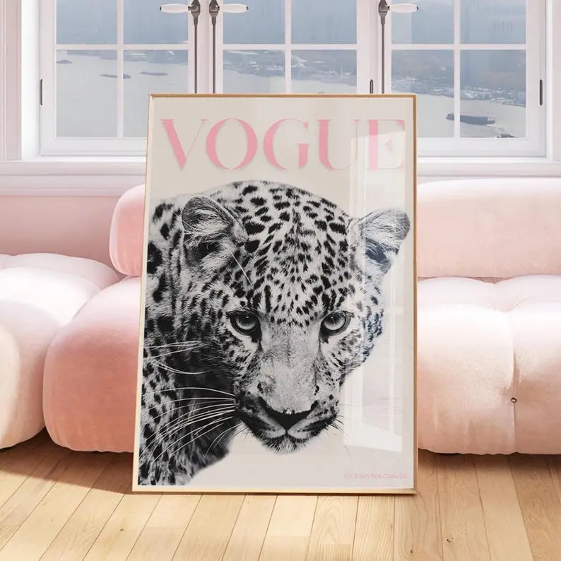 Pink Leopard Print Artistic Poster - Black and White Fashion Graphic, Smooth Print Design, Rectangle Design Wall Art Decor for Girls' Bedroom, Dorm Room Decor, Home Office Home Supplies