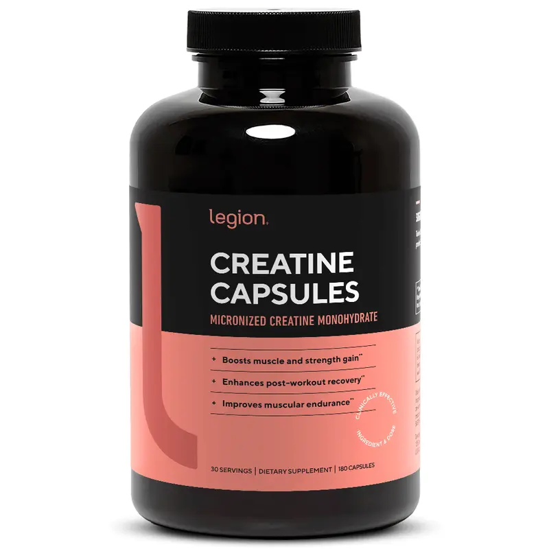 Legion Creatine monohydrate capsules supplement by Legion – micronized creatine for muscle support, workout performance, strength training, gym recovery, and active lifestyle nutrition – clean formula, no fillers, 30 servings