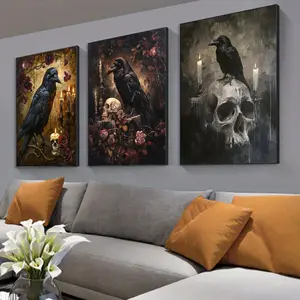 Crow & Skull Pattern Western Skull Graphics Canvas Painting without Frame, 3 Counts/set Skeleton Design Halloween Wall Art Painting, Wall Art Decor for Home Living Room Bedroom Office