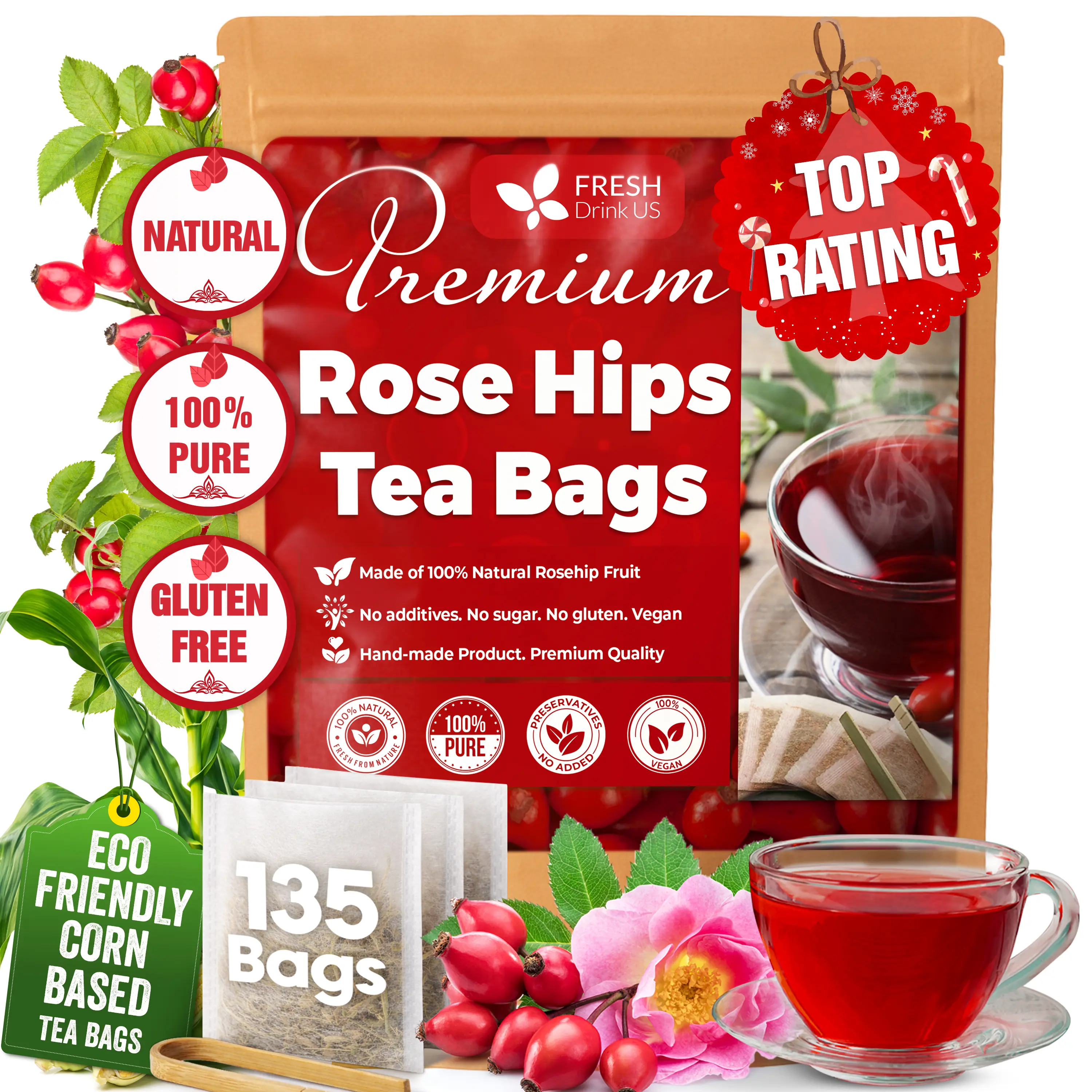 【FreshDrinkUS】 Premium 135 Rosehip Tea Bags, 100% Natural & Pure from Rose Hip Fruits. Loose Rosehip Herbal Tea. Made with Natural Material Tea Bags. No Sugar, No Caffeine, No Gluten, Vegan.