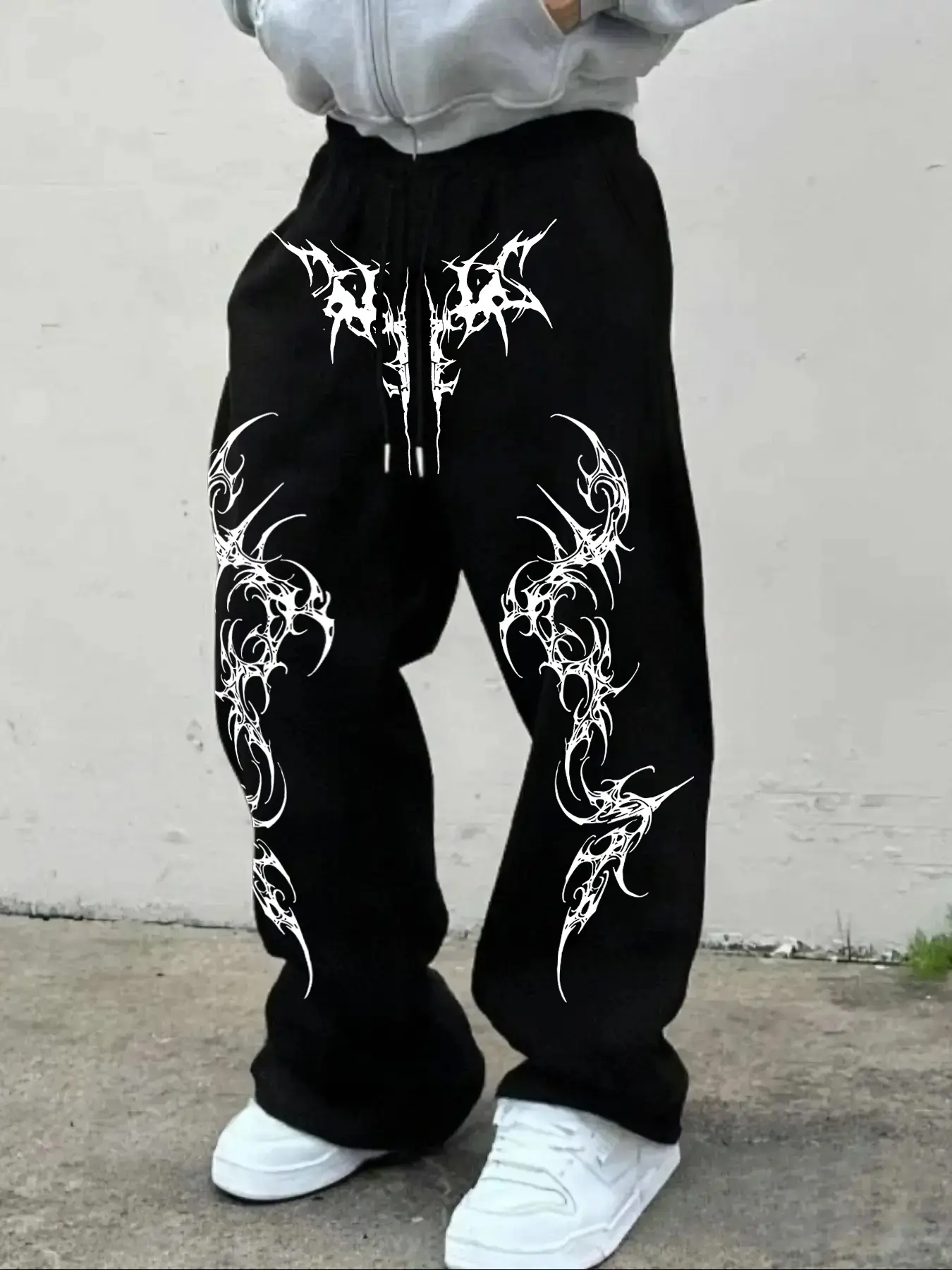 Men's Casual Sporty Long Pants, Gothic Thorn Graphic Pattern Print, Drawstring Wide Leg, Loose-Fitting, All Seasons Wear, Loose Drawstring Sweatpants, Casual Sweatpants Style