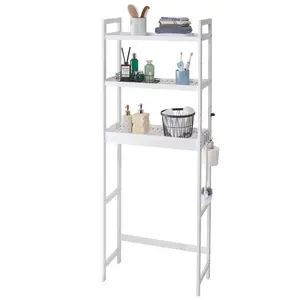 VEVOR Over the Toilet Storage,  3-Tier Adjustable Over Toilet Bathroom Organizer, Bamboo Storage Shelf Rack with 3 Hooks, Freestanding Easy Assembly Laundry Space Saver, Fit Most Toilets, White