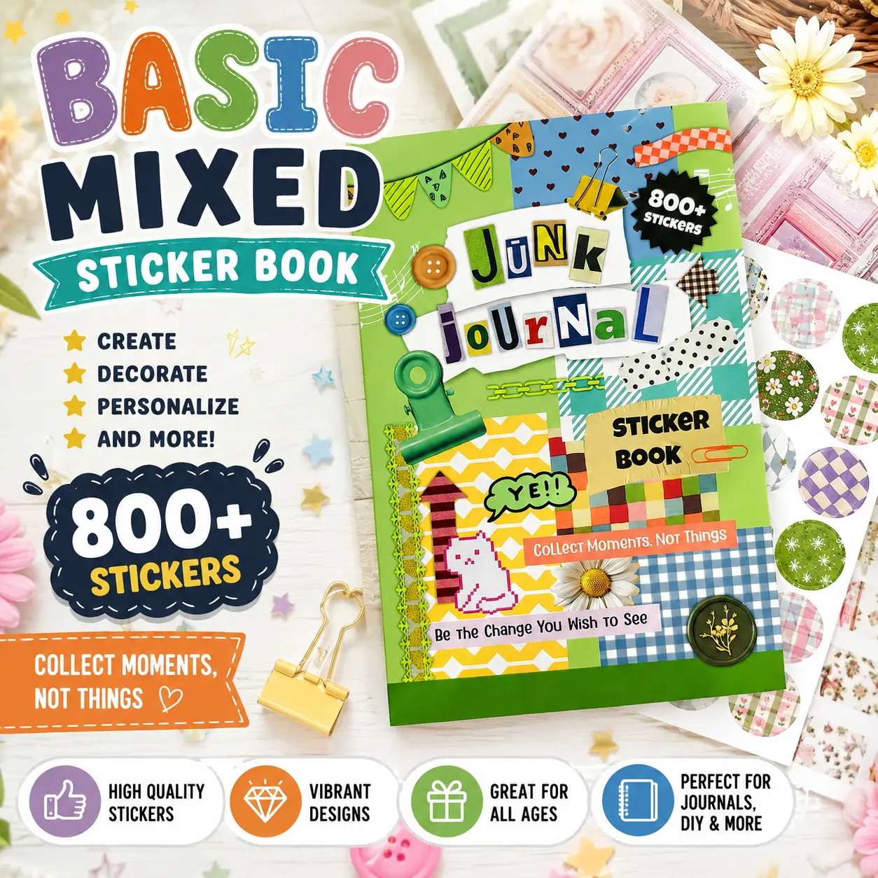 Aesthetic Variety Pack Crafting Paper Stickers Book (800+ Pcs) - Stripes, Checks, Circles Designs for Journals, Planners, DIY Scrapbook Supplies