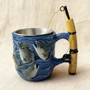 Fishing-Themed Resin Mug, Funny Accent Mug with 3D Fishing Rod & Fish Design, Stainless Steel Liner for Durable Coffee & Tea, Unique Gift for Anglers and Fishing Enthusiasts