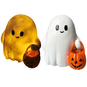 Cute Tiny Trick or Treat Ghost Halloween Decoration Desk Display - Spooky Bookshelf Decor Ornaments for Fall Accent Home Gift Adorable 3D Printed Figurine with Mini Pumpkin Bucket Accessory Lightweight Sturdy Decorative Statue by SC Retail