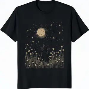 100% Cotton Floral Black Cat Moon Halloween Cottagecore Aesthetic T-Shirt