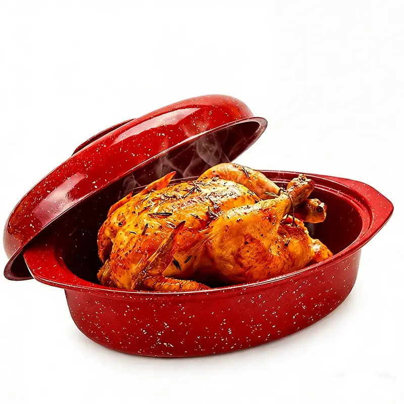 Oval Enamel Turkey Roaster with Lid, Large Speckled Covered Roasting Pan with Side Handles, Oven Baking Dish for Chicken, Beef, Bread and Vegetables