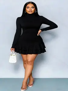 Elegant Winter Women's Party Apricot Knit High Neck Long Sleeve Ruched Double Layer Short Mini Slim Fit Dress B003, Stylish and Comfortable