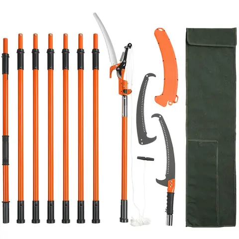 VEVOR Manual Pole Saw Tool Kit, Garden Tools with Teflon Blade Coat 0.05" Sharp Carbon Steel Extendable Saw, 7.3-27 ft Double Lock Fiberglass Pole, 8 Insulated Handles, 11 lbs Comfortable Gear w/Storage Bag (for Palms,Branches)