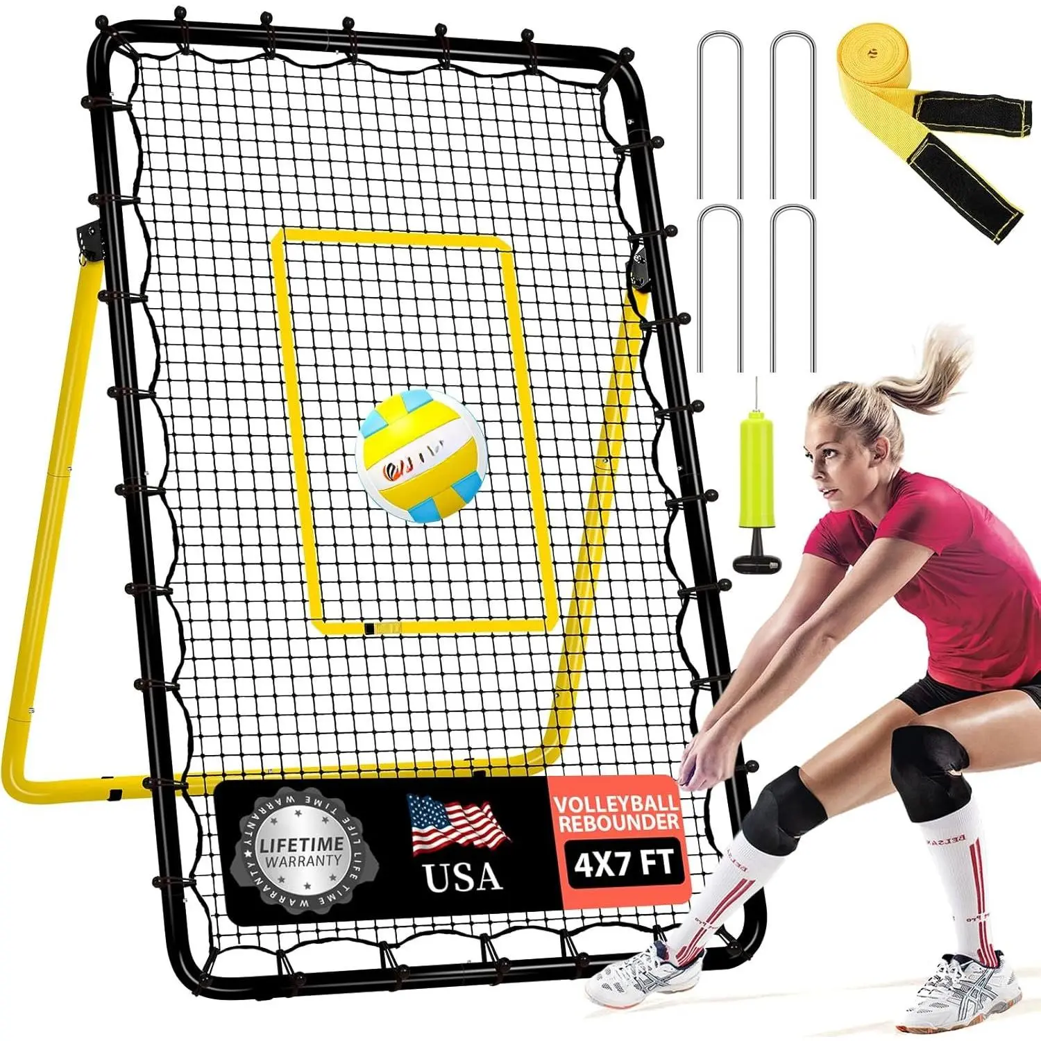 HahZen SPORT 6-Angle Adjustable 7x4ft Volleyball Rebounder Net, High-Bounce Equipment with High-Tension HDPE Mesh, UV-Resistant Practice Zone, PU Volleyball, Pump & Stakes for Volleying Bumping