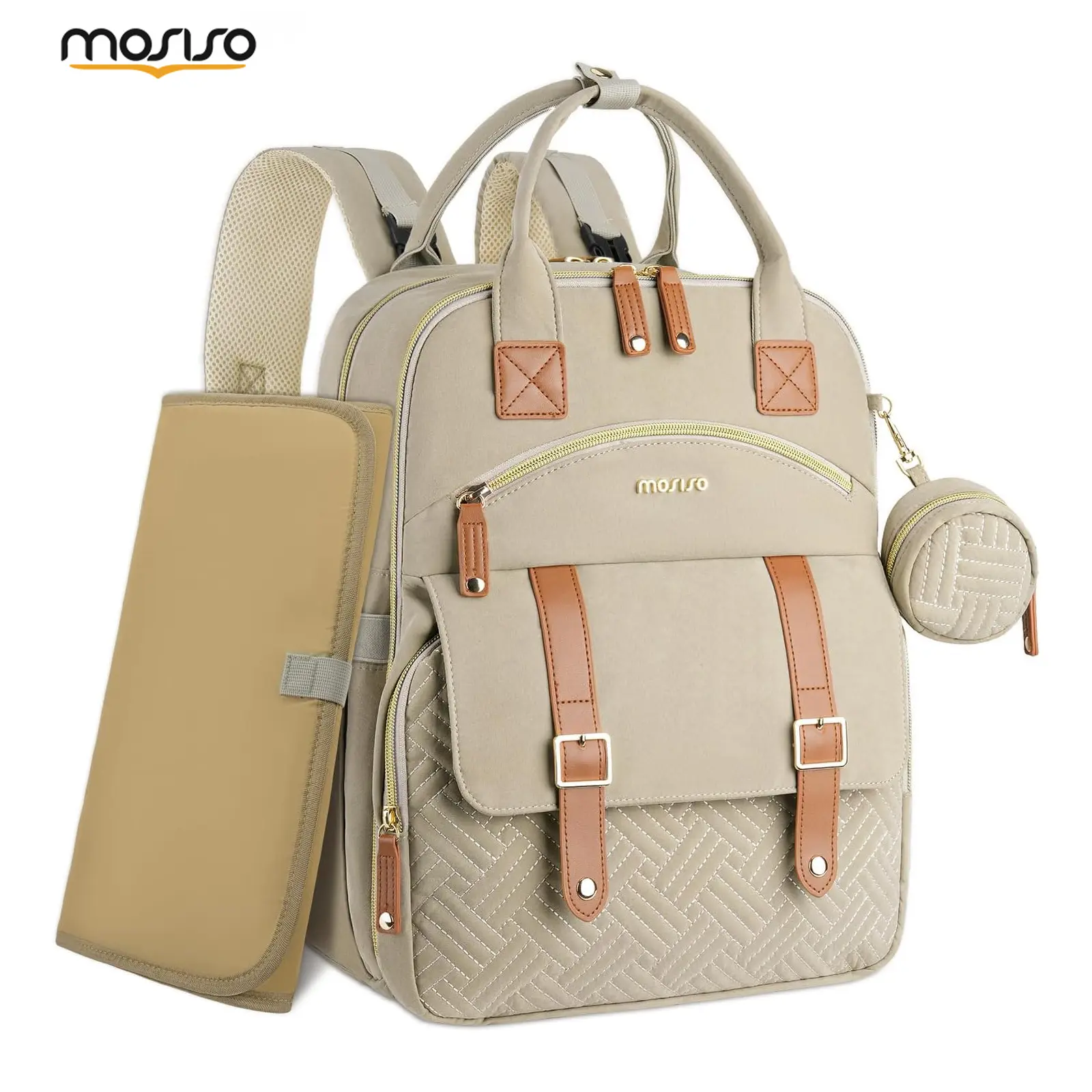 MOSISO Diaper Bag Backpack, Large Capacity Baby Backpack with Changing Pad, Insulated Bottle Pockets & Stroller Straps, Waterproof Travel Mom Bag for Newborn Baby Care, Taupe Brown