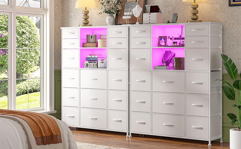 Raybee Furniture 51" H Tall Dresser with Hutch 15 Drawer Dresser for Bedroom with Charging Station & LED Lights, Steel Frame, Wood Top