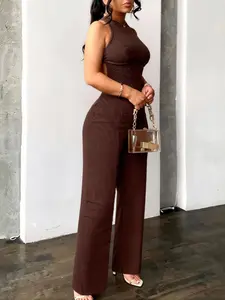 Women's Plain Sexy Backless Cross Design Sleeveless Jumpsuit, Slim-Fitting Long Pants, Casual Spring & Fall Fashion