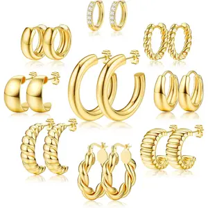 CASSIECA Women's 14 Karat Gold Plated Stack Set, Gold Hoop Earrings Set with Chunky Hypoallergenic Huggie Hoops, Thick Lightweight Elegant Look Jewelry SummerVibes