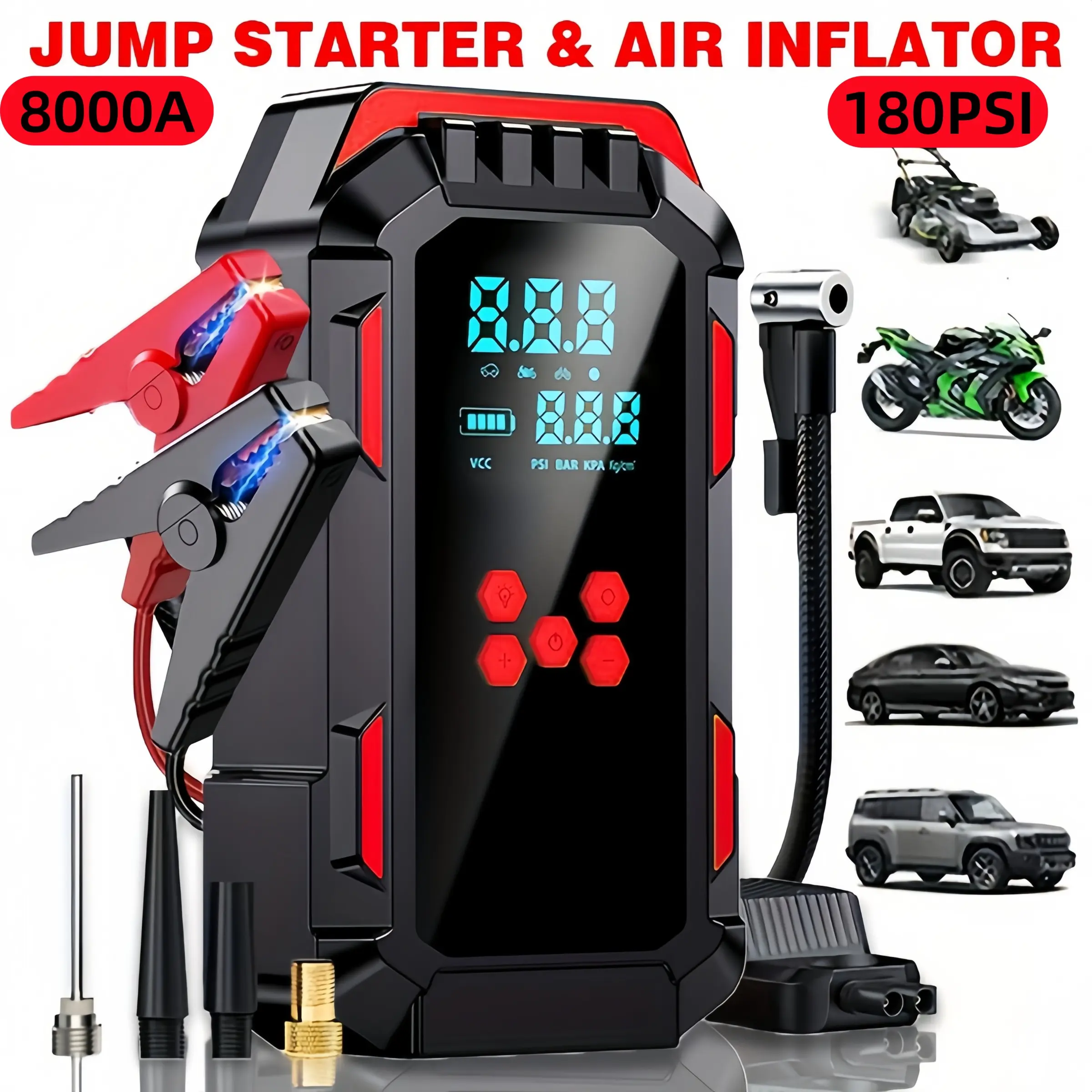 10-in-1 Wireless Car Repair Tools (including 180 PSI air compressor and 12/24V battery boost starter, 8000mAh battery pack, tire pressure monitor, flashlight, equipped with intelligent jumper connector and inflation accessories), Automotive tire inflator