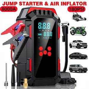 10-in-1 Wireless Car Repair Tools (including 180 PSI air compressor and 12/24V battery boost starter, 8000mAh battery pack, tire pressure monitor, flashlight, equipped with intelligent jumper connector and inflation accessories), Automotive tire inflator