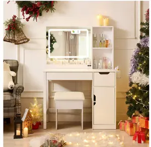 Deluxe 2-Piece Vanity and Stool with Lighted Mirror and USB Power, White Finish